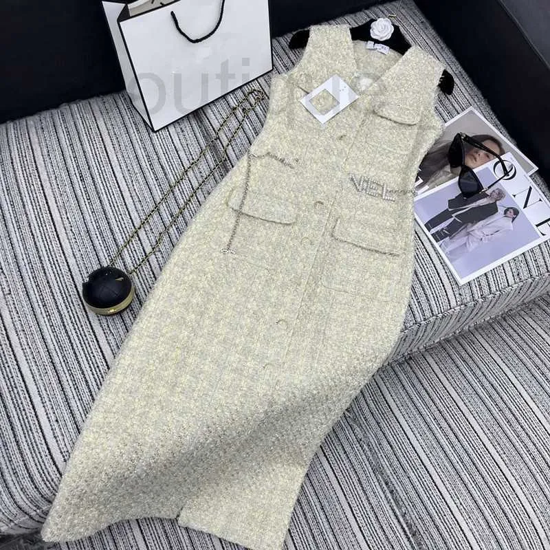 Vestidos casuais básicos designer marca início da primavera novo cha elegante celebridade carta corrente cinto grosso tweed longo colete vestido hcyh