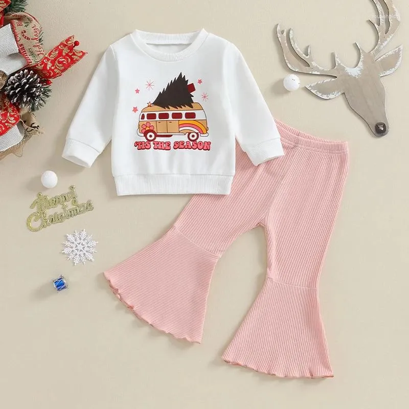 Комплекты одежды, комплект из 2 предметов для маленьких девочек, рождественский свитер с длинными рукавами и эластичными брюками-клеш с принтом автомобиля Санта-Клауса, комплект милой одежды