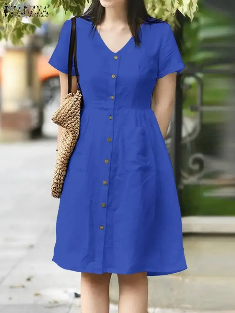 Dress ZANZEA Summer Loose Sundress Holiday Short Sleeve Robes Women Leisure Aline Vestidos Pockets Casual V Neck Kneelength Dress