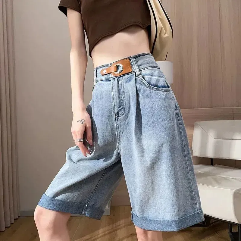 Shorts Lucyever 2023 Summer Thin Denim Shorts Women Korean Fashion High Waist Loose Shorts Female Streetwear Light Blue Knee Pants New