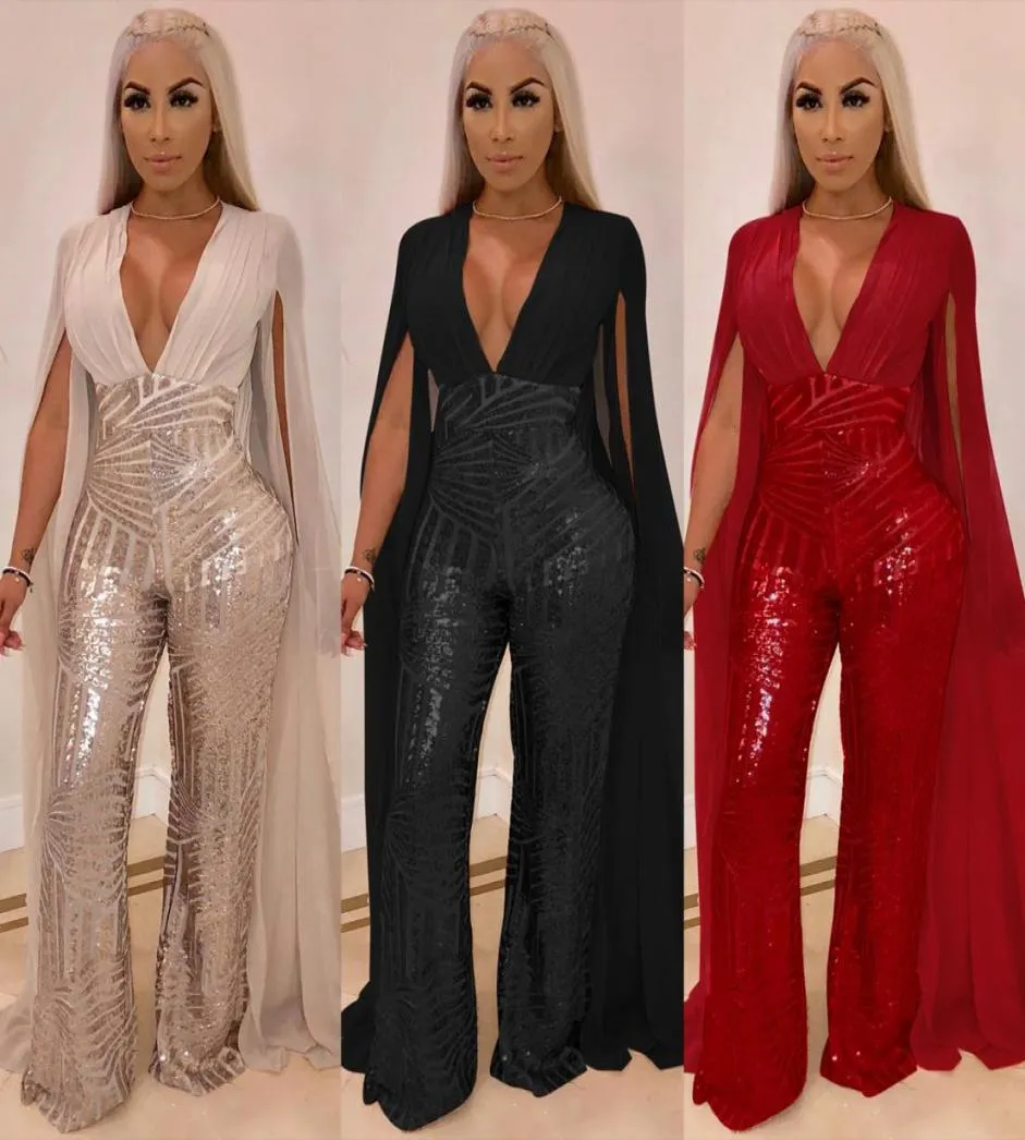 Dames Chiffon Split Lange Mouw Pailletten Jumpsuit 2019 Sexy V-hals Patchwork Losse Wijde Pijpen Mouwen Romper Avond Sparkly Jumpsuit 3536099