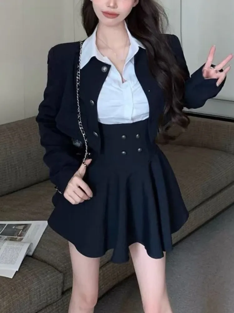 Suits 2023 Autumn Preppy Style Elegant Black Suit Woman White Shirt + Short Blazers Coat + Casual Y2K Mini Dress Korean Fashion Set