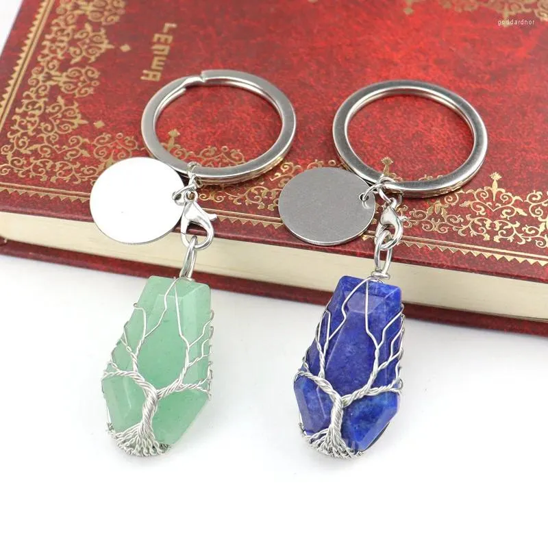 Keychains 10st Handmased Tree of Life Coffin Shape Keyrings Lucky Natural Stone Crystal Quartz Keychain Key Ring Bag Acc Jewelry