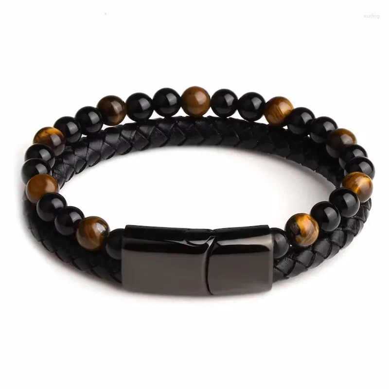 Link pulseiras moda pedra couro trançado preto aço inoxidável fecho magnético tigre olho grânulo pulseira masculino jóias e167