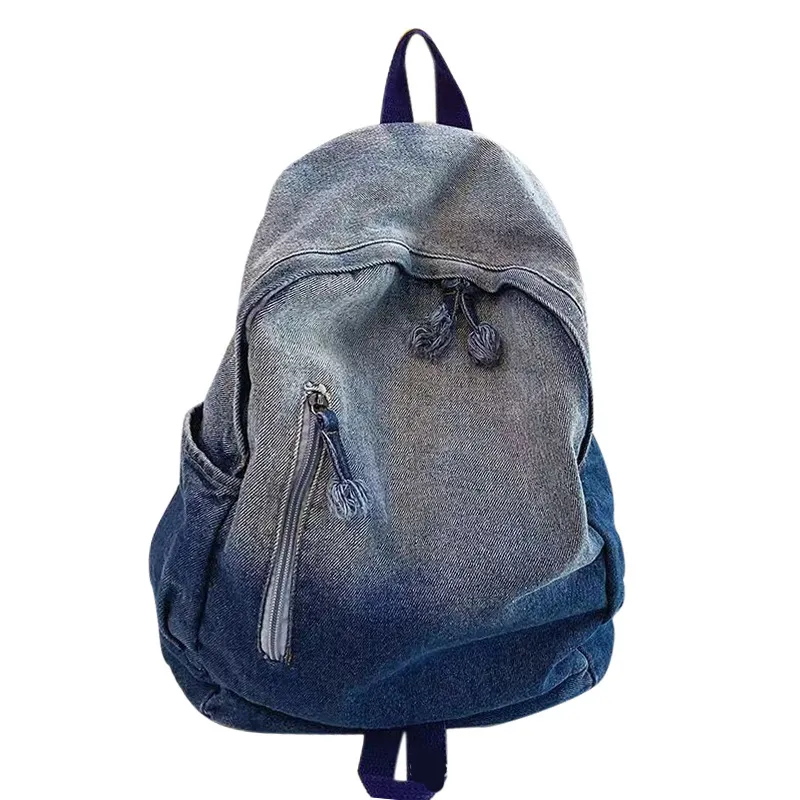 Backpack Bags Retro Plain Denim Large Capacity Blue Black Multifunctional Travel School Bag