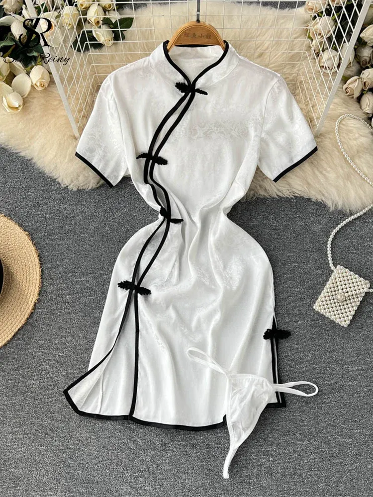 Dress SINGREINY Lingerie Women Erotic Pajamas Dress 2023 Short Sleeve Slim Cheongsam Split Nightwear Female Retro Sexy Night Dress