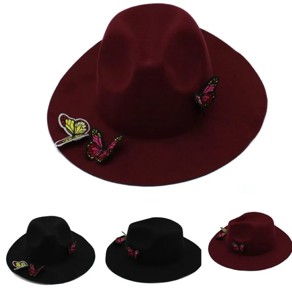 창조적 인 3 개의 나비 여성 와이드 브림 모자 울 소프트 따뜻한 숙녀 페도라 솔리드 플로피 클로체 재즈 캡 모자 가을 겨울 259V
