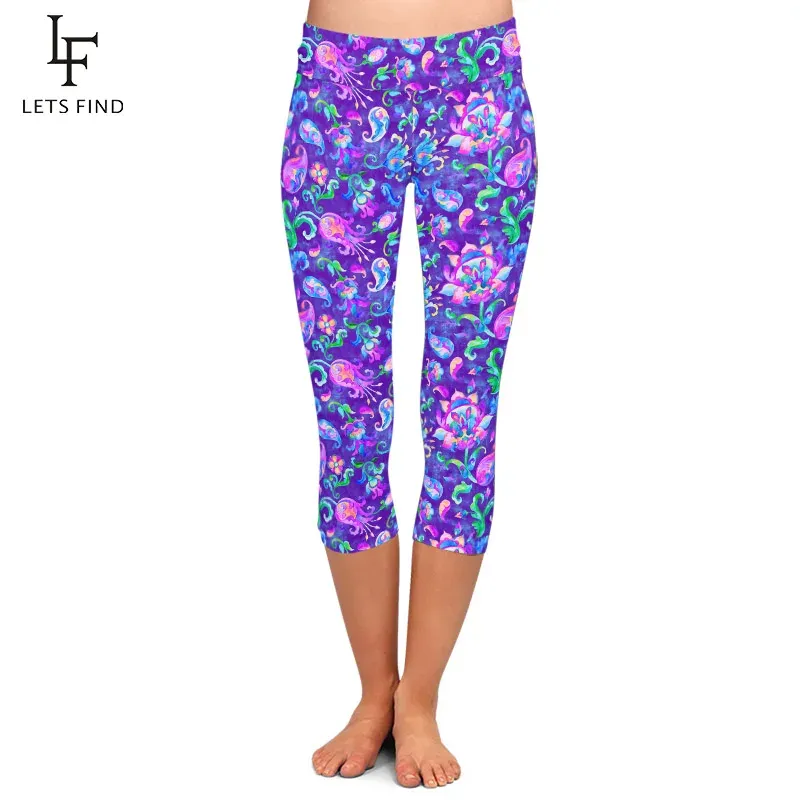 Leggings Letsfind Summer New Fashion Paisley Watercolor Floral Print Women Capri Leggings High midje Slim Fitness Leggings