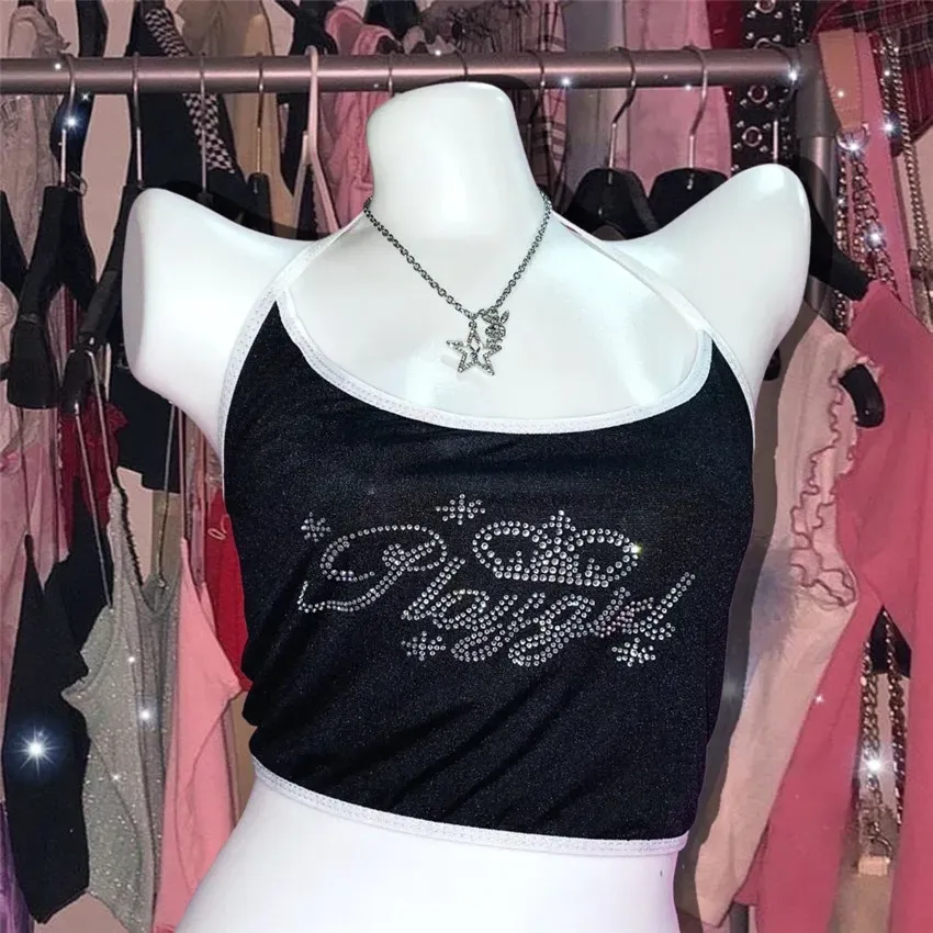 Camis feminino recortado 2000s estética verão gótico y2k sexy rosa preto topos playgirl strass halterneck sem costas colheita topo espartilho