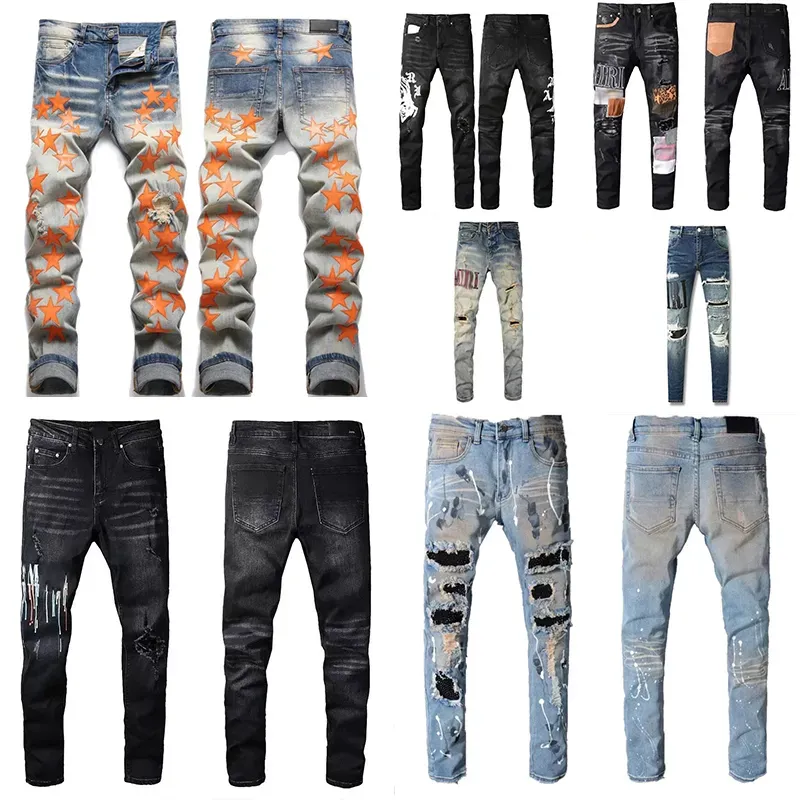 Amirs designer Jeans pour hommes jeans violets High Street Hole Star Patch Hommes femmes amirs star panneau de broderie stretch pantalon slim amirj jeans déchirés