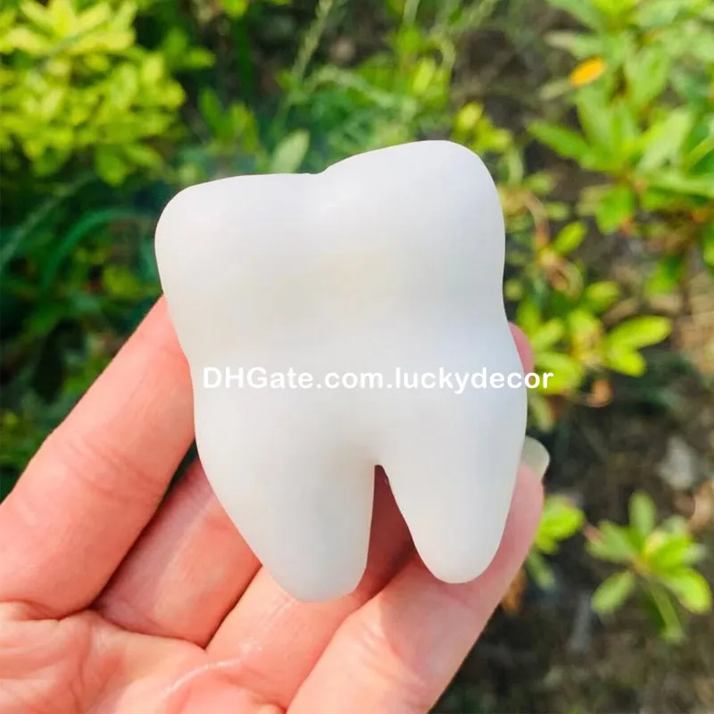 Natural White Jade Tooth Sculpture Carving Dental Office Decor Positive Energy Gemstone Cute Quartz Crystal Teeth Figure Mineral Specimen Dentist Graduation Gift