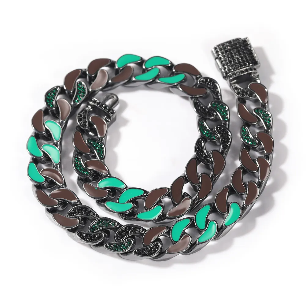 14mm Hip Hop Colorfull Black Green Oil Dripping Cuban Link Chain Necklace Bracelet Men Women Rap Jewelry Set