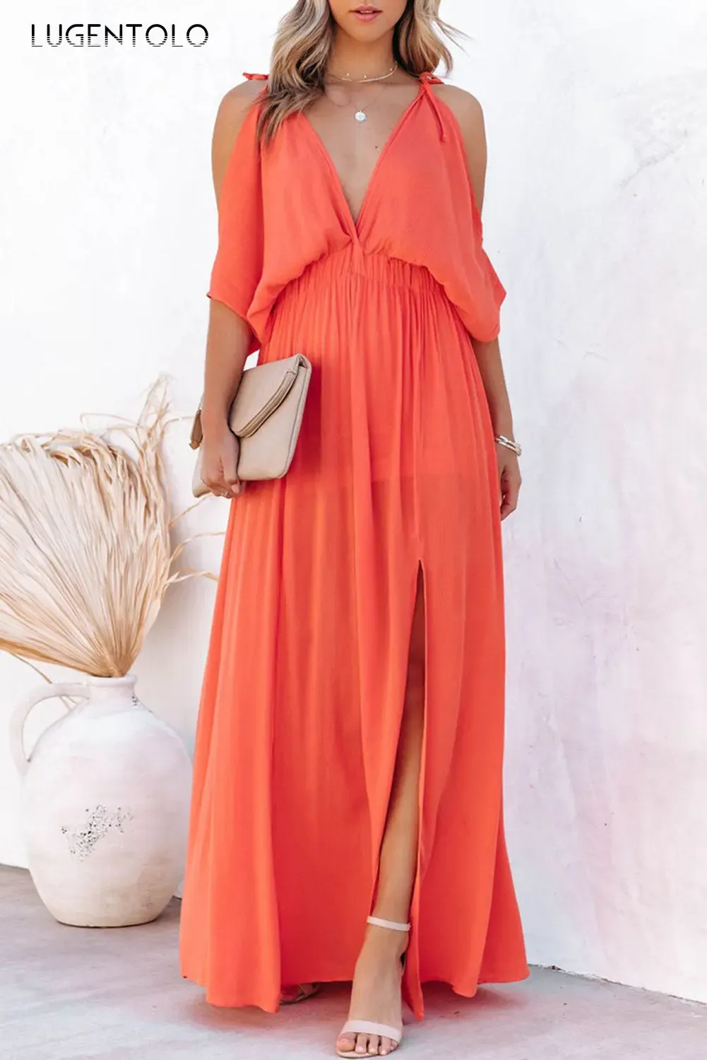 Dress Women Summer Sexy Dress Half Sleeve Offtheshoulder Side Slit Female Big Swing Split Hem Thin High Waist Chiffon Maxi Clothing