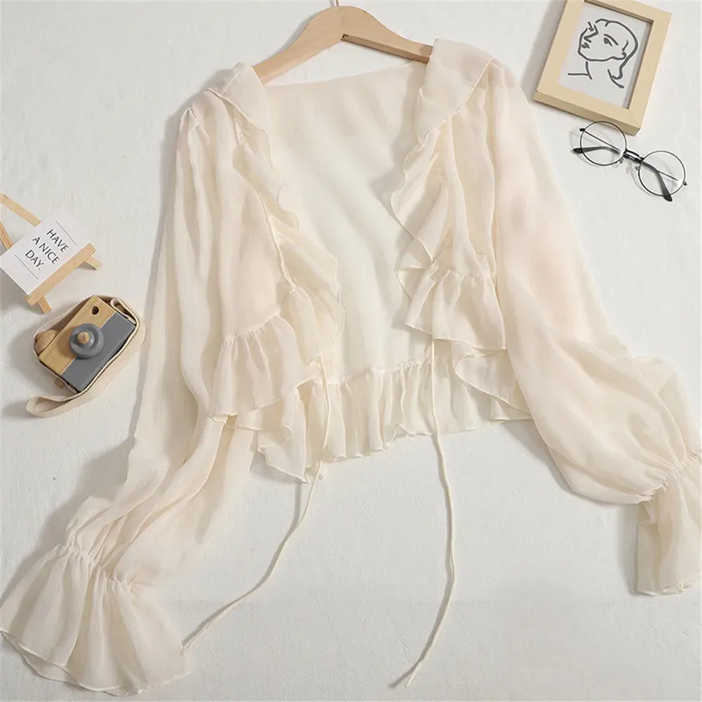 Cardigans vårens sommarjacka elegant wraps ruffle shawl cardigans långärmad vit svart axlar för kvinnor cardigan formell festklänning