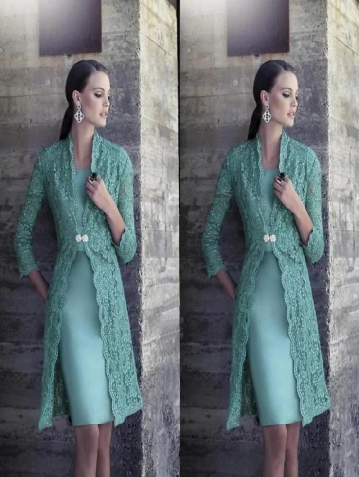 Turquoise Plus Size Mother Of Bride Dress with Jacket Long Sleeves Vintage Lace Knee Length Satin Cheap Bride Groom Prom Gowns52278283962