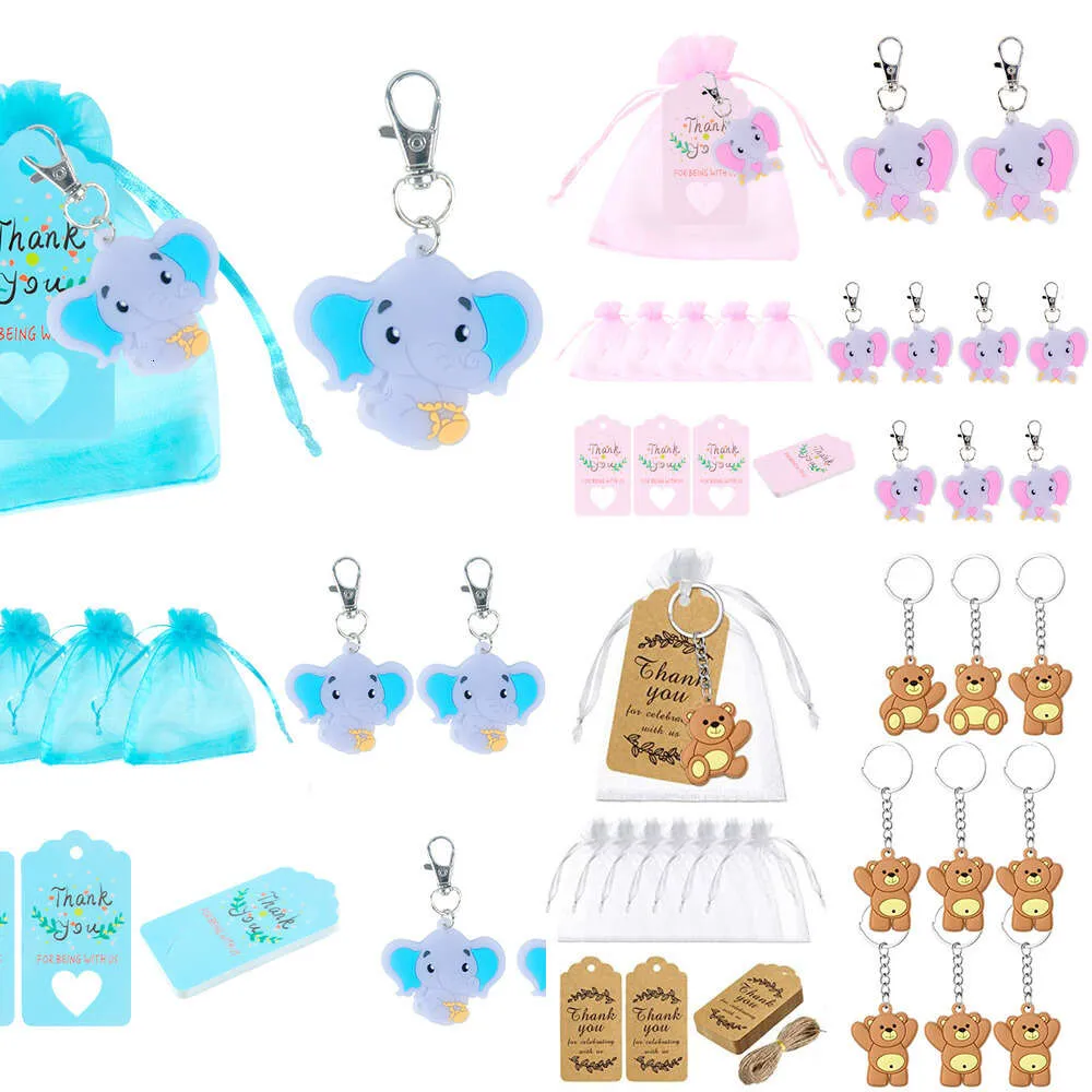 Nya 10/20st Return inklusive Animal Keychains Organza Påsar och tack Taggar för gäster Baby Kids Dusch Favors