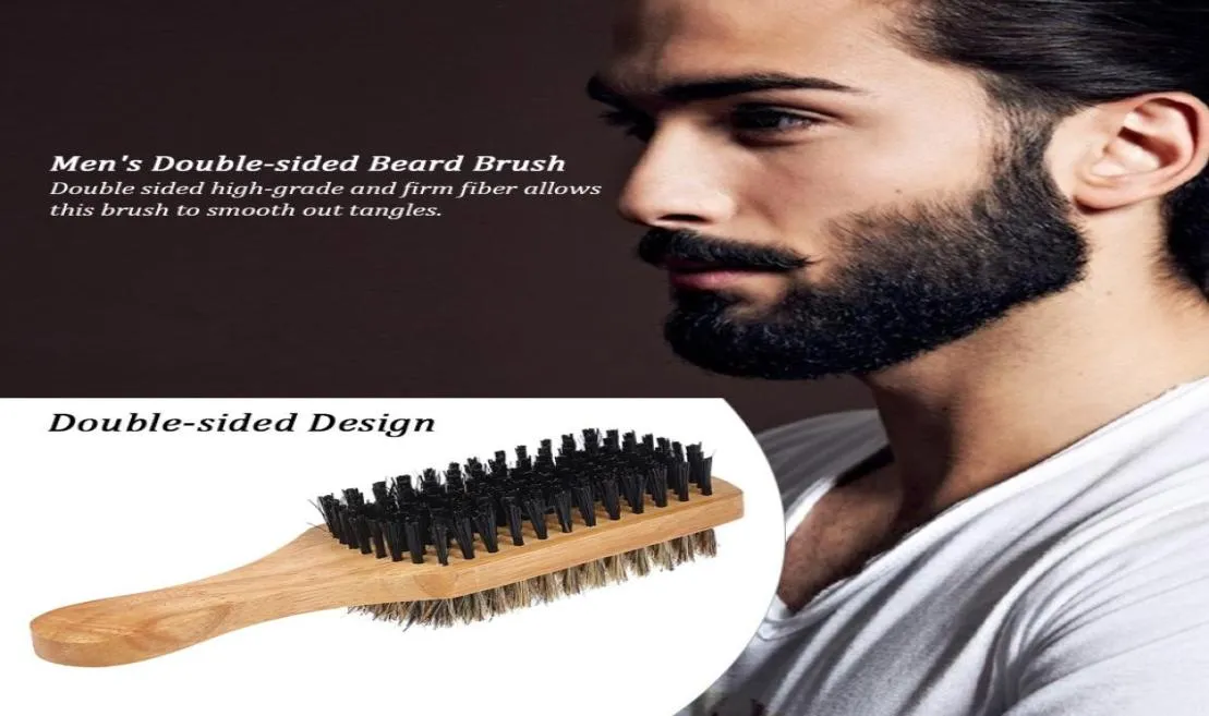 Men039s brosse à barbe peigne en bois double face mâle brosse à poils du visage moustache blaireau 2067419