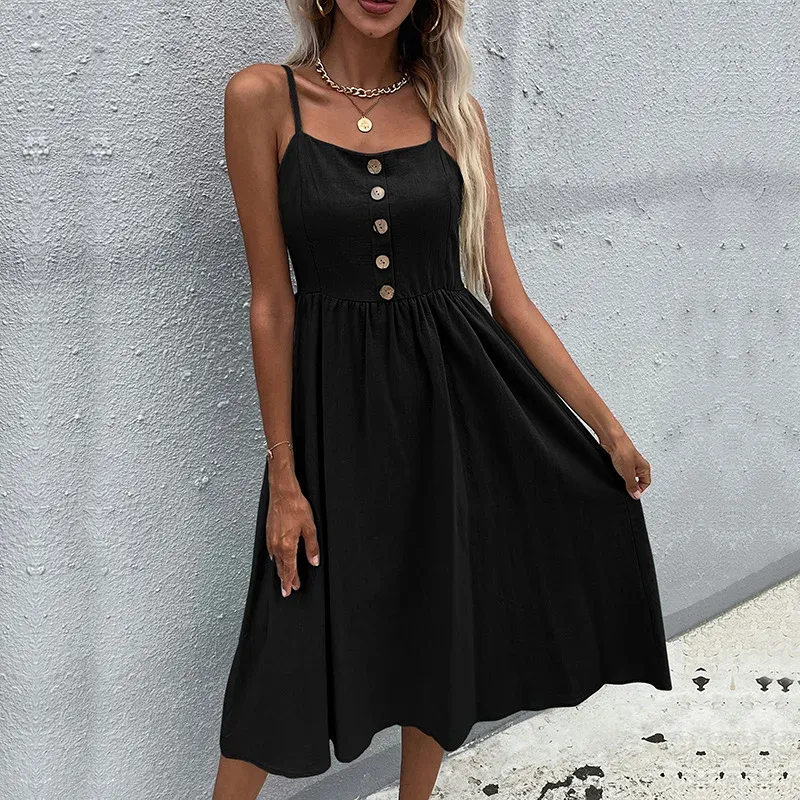 Kleid Sommerkleid Lady Speghetti Straps Button Up Square Kragen Midi Vestidos Frauen Casual A-Linie einfarbig Baumwolle Leinen Sommerkleider