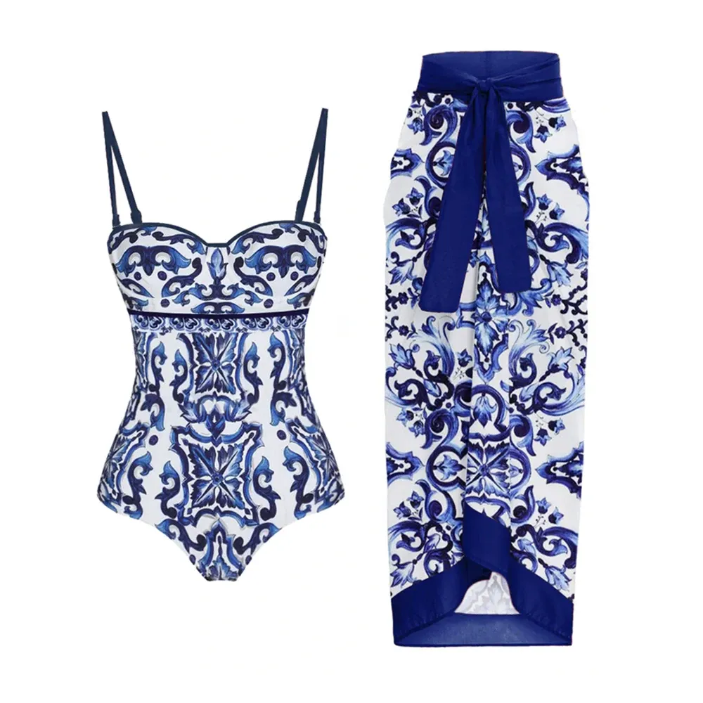 Set Blue Bikini Printed Fashion One Piece Baddräkt och täck med kjolen Tight Women's Bandage Summer Beach Luxury Elegant