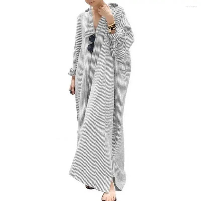 Casual Dresses Loose Fit Dress Striped Print Lapel Maxi For Women Soft Breathable Plus Size Shirt Type Spring With Long Sleeve