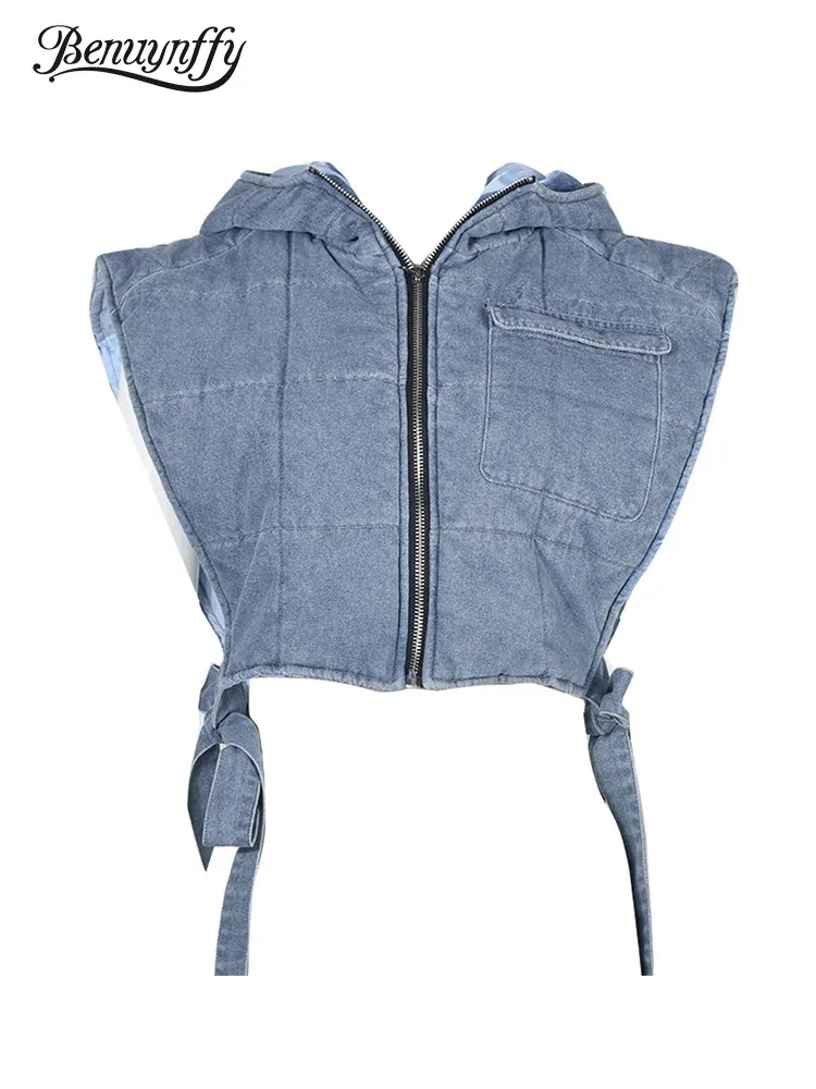 Jackor Benuynffy Casual Hooded Cargo Vest Women Streetwear Denim Padded Wash Sleudess Vest Jackets Y2K Tie Side Zip Up Short Coat