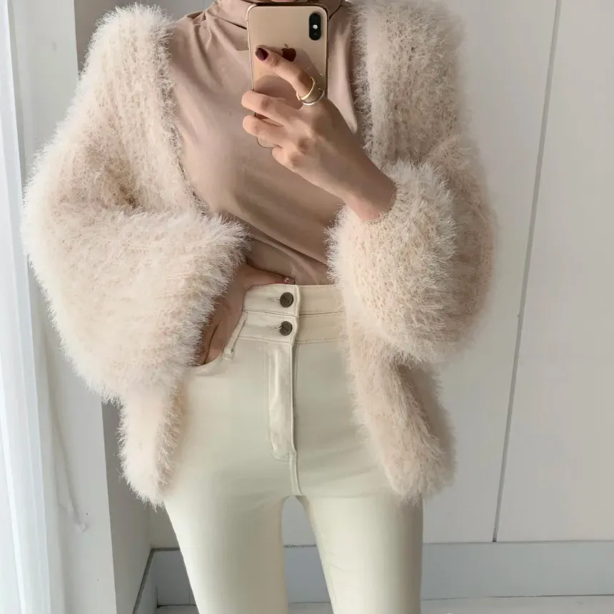 JSXDHK Fashion Chic Dames Effen Kleur Mohair Trui Vest Nieuwe Herfst Winter Zacht Gebreide Lantaarn Mouw Open Stitch Truien