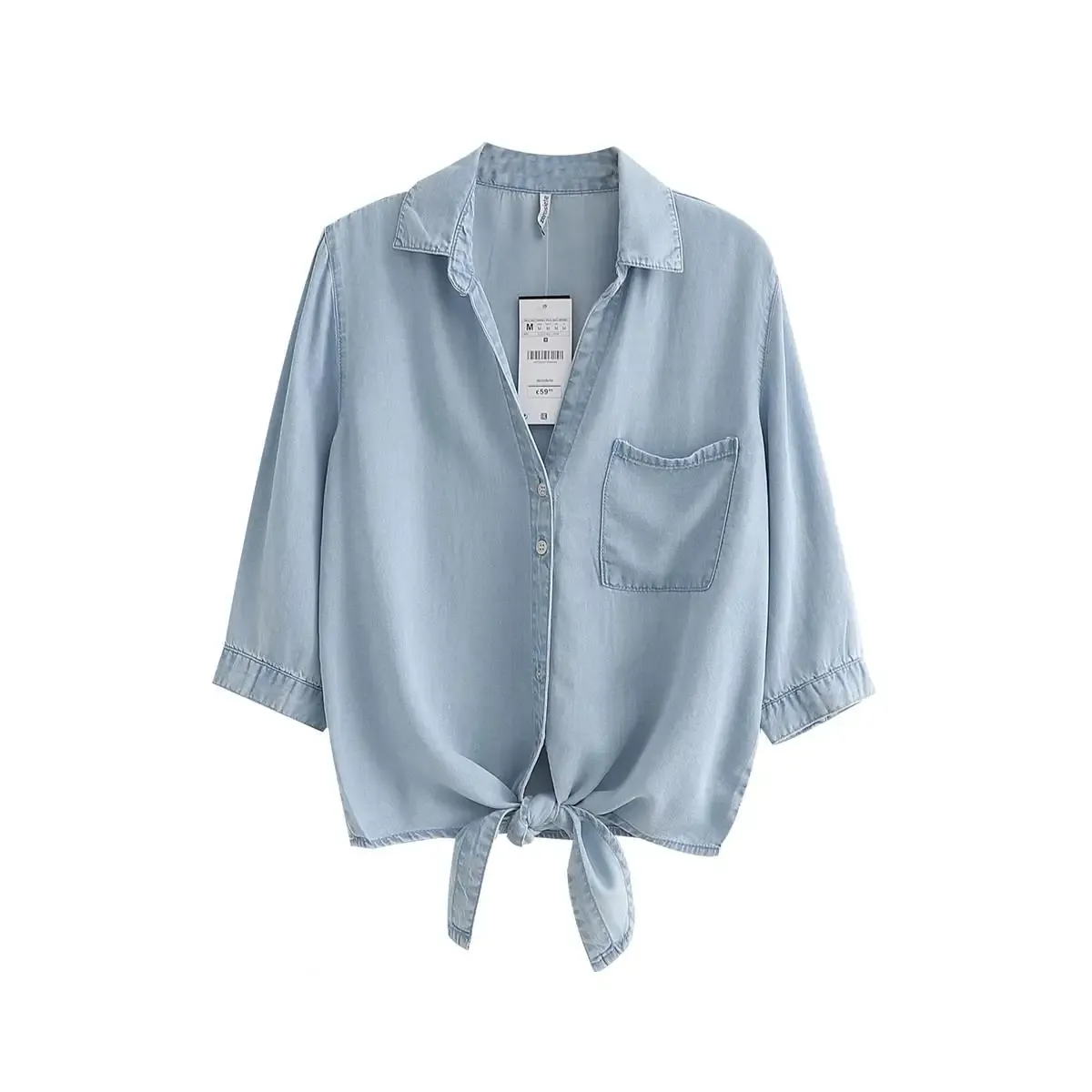 Camisetas Jaqueta curta estilo camisa, gola V com nó feminino, jeans de seda, camisola nova primavera/verão, estilo artístico, mangas ajustáveis