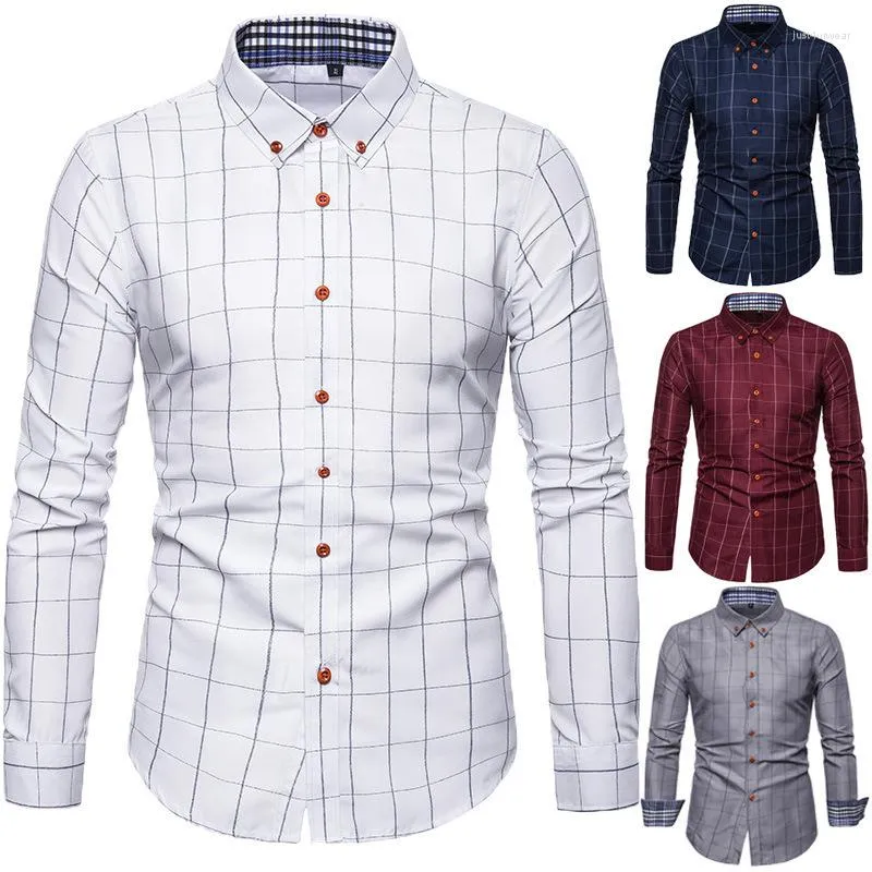 Camisas casuais masculinas vestido xadrez branco fino ajuste manga longa botão para baixo moda masculina trabalho camisa de marca de negócios chemise homme