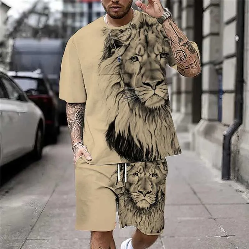 Survêtements pour hommes Summer Mens Track and Field Costume Cool Lion 3D imprimé T-shirt à manches courtes 2 pièces de vêtements de sport décontractés vêtements pour hommes à la mode J240305