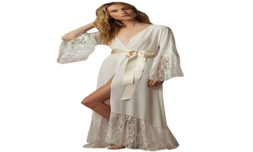 Peignoirs Illusion en mousseline de soie ivoire foncé, vêtements de nuit avec appliques en dentelle, ceinture en Satin, robe de nuit de mariage Sxey 8257452