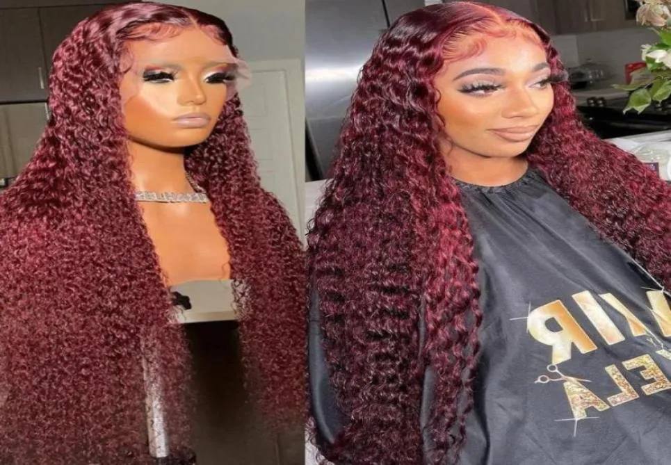 Spetsspårar Luvin 30 tum 99J Bourgogne Deep Wave Front Human Hair Red Colored Water Curly Remy Highlight Frontal Wig For Women5953457731470