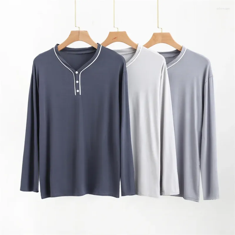 Mäns sömnkläder Modal Pyjamas Sleep Tops Knapp-ner V-ringning Långärmad t-shirt Enkel underkläder Casual Men Henley Shirt