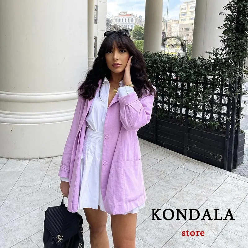 Blazers Kondala ZA Office Lady 100 ٪ Cotton Blazer Women Unicolor Violet Long Shirt Long Blazer v Neck Gockets Streetwear Outwear