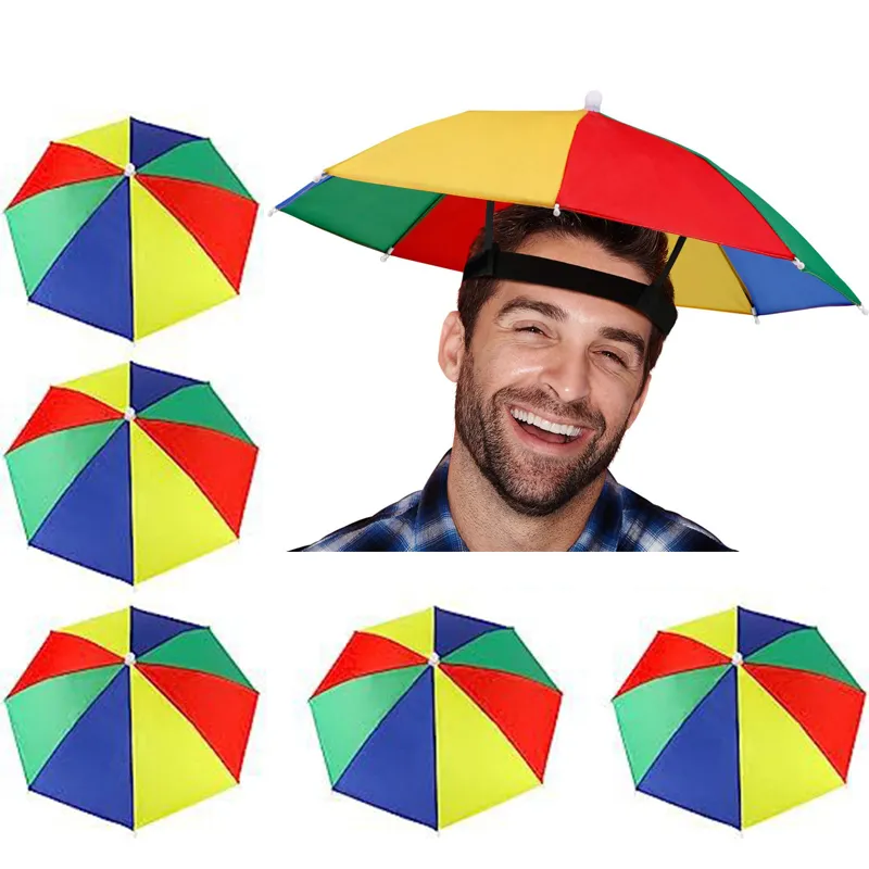 Portable Rainbow Sun Rain Umbrella Hat Foldable Outdoor Sunshade Waterproof Camping Fishing Golf Gardening Headwear Cap Beach Head Hats Hands Free Umbrellas W0199
