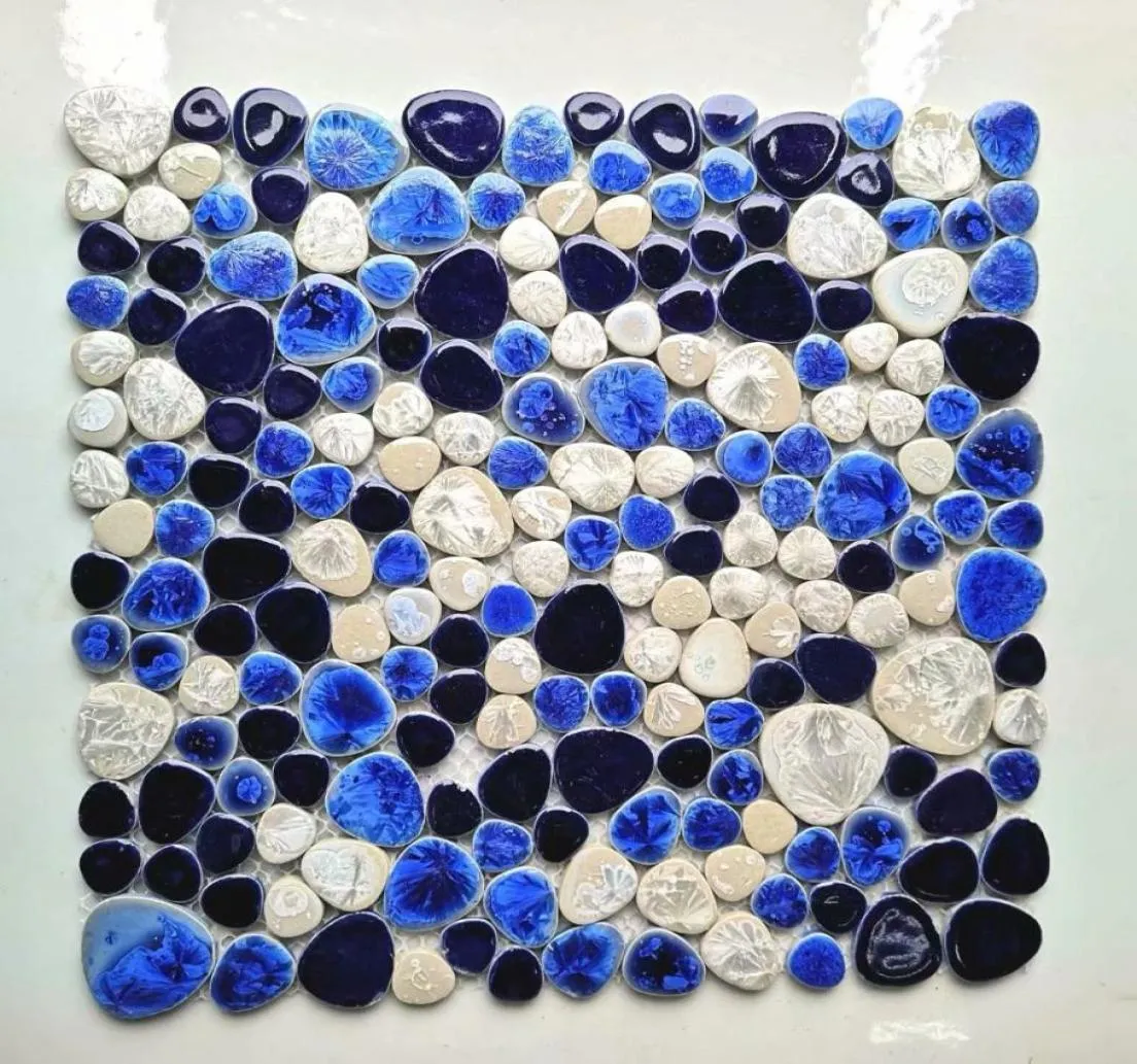 Carrelage de dosseret de cuisine en mosaïque de porcelaine de galets blancs bleu marine PPMTS09 carreaux de mur de salle de bains en céramique 5138235
