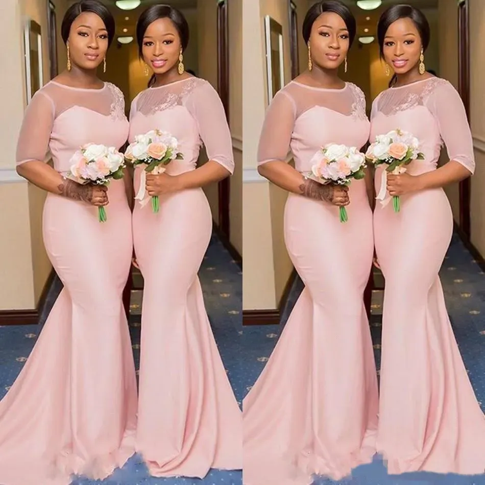 Blush Pink African Nigerian sjöjungfru brudtärna klänningar med ärm Sheer Lace Neck Plus Size Maid of Honor Wedding Guest Gown