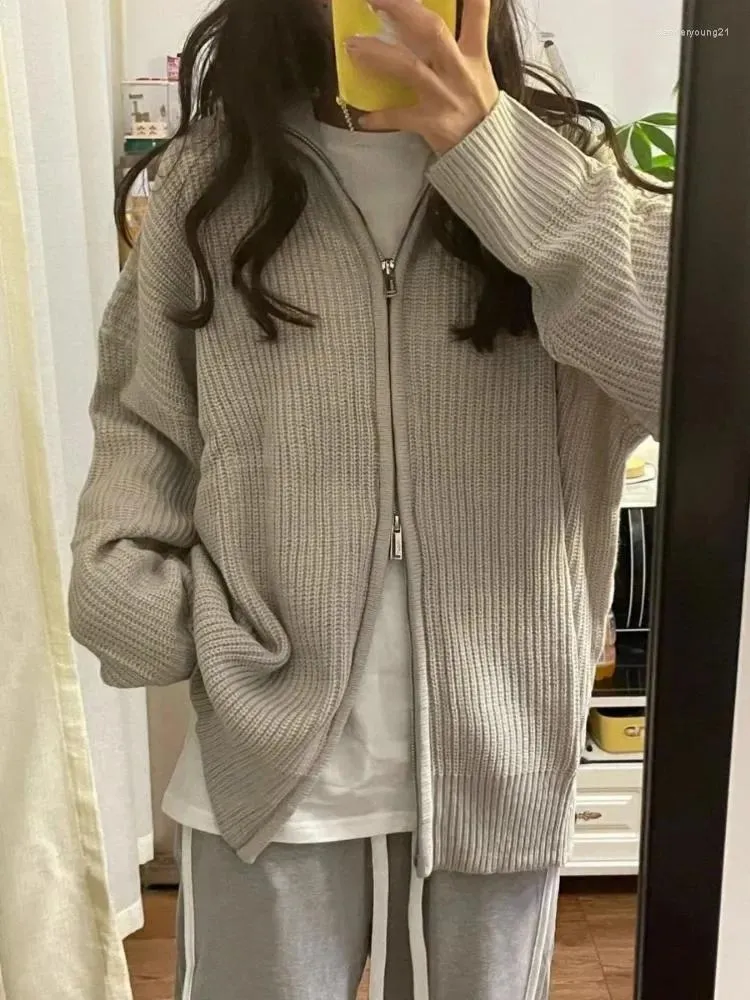 Women's Knits 2024 Solid Casual Loose Hooded Knitwear Fashion Double Zippers Y2k Aesthetic Sweaters Japanese Women Sweet All Match Ins Coats