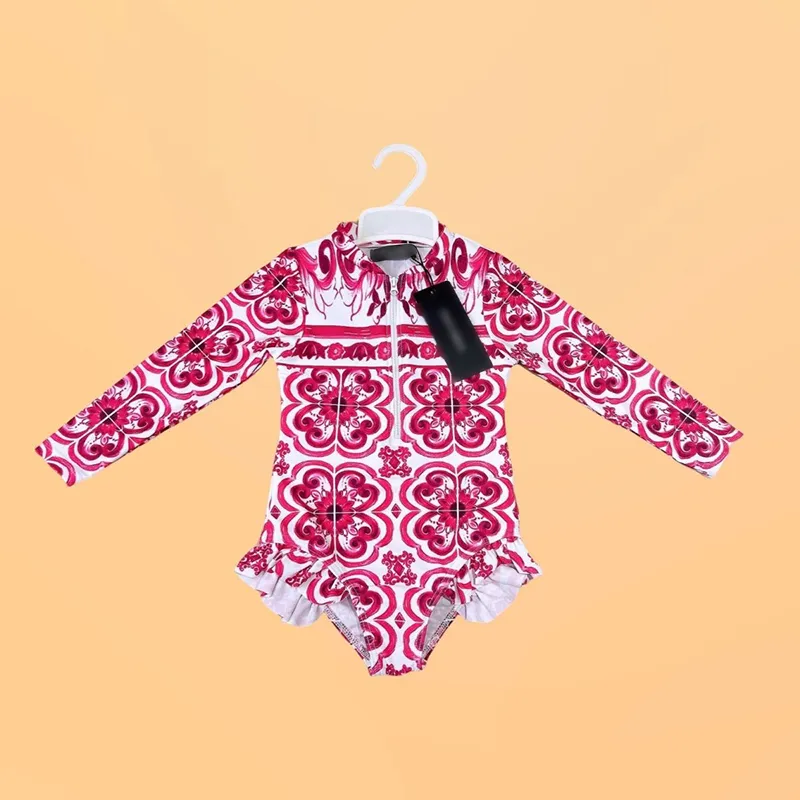 2024 Childrens Swimming Suit Girls Long sleeved One piece Swimsuit Spring swimwear Hanging Strap Printed Sweet and Cute Baby Girl Swimsuits CSD2403056-8