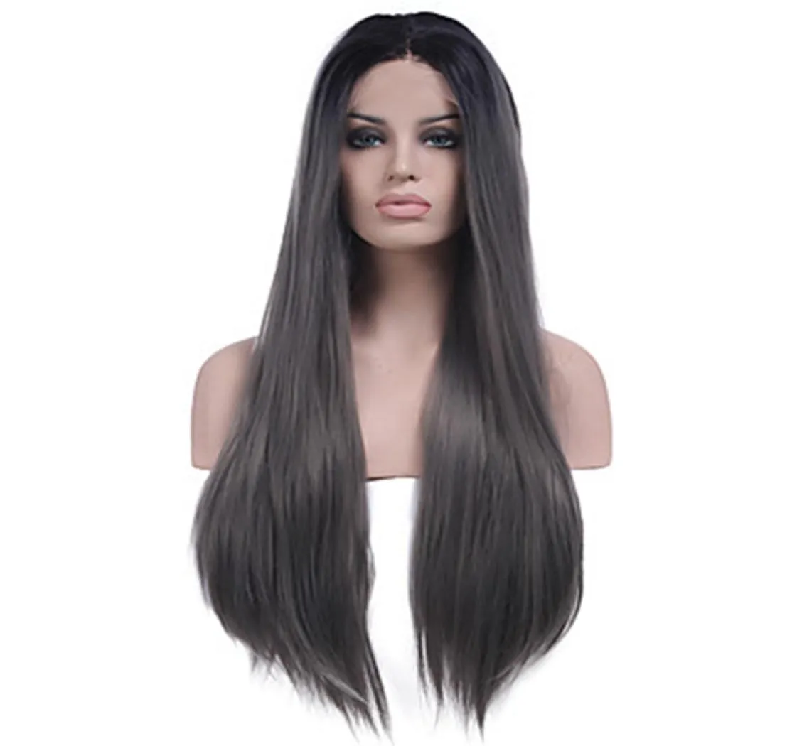 Perruque Lace Front Wig synthétique bon marché, 2 tons, gris, gris, argent, ombré, nouée à la main, perruques lisses et soyeuses, racines foncées, fibre résistante à la chaleur H6890841