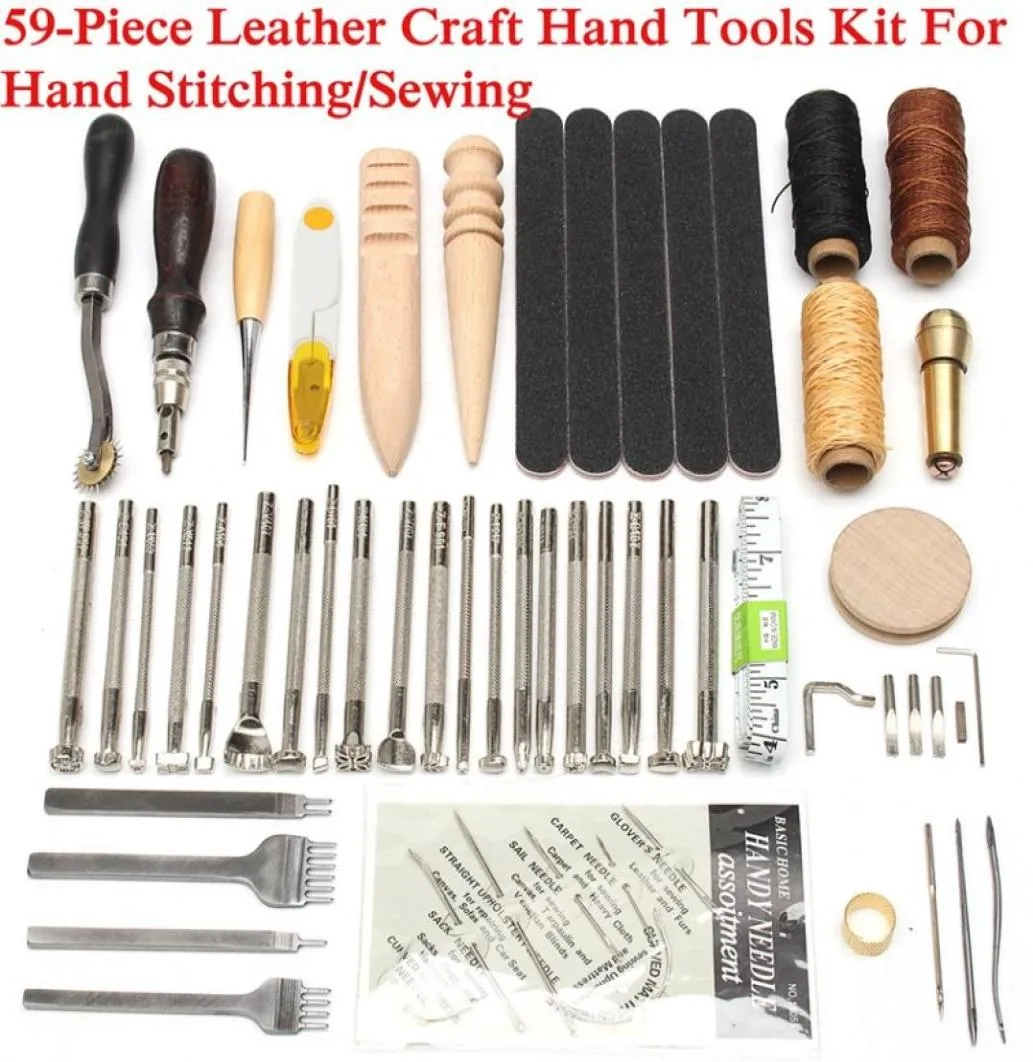 59PCSlot Leather Craft Handgereedschap Kit Draad Priem Gewaxte Vingerhoed Kit Voor Hand Stiksels Naaien Stempelen DIY Tool Set2387197