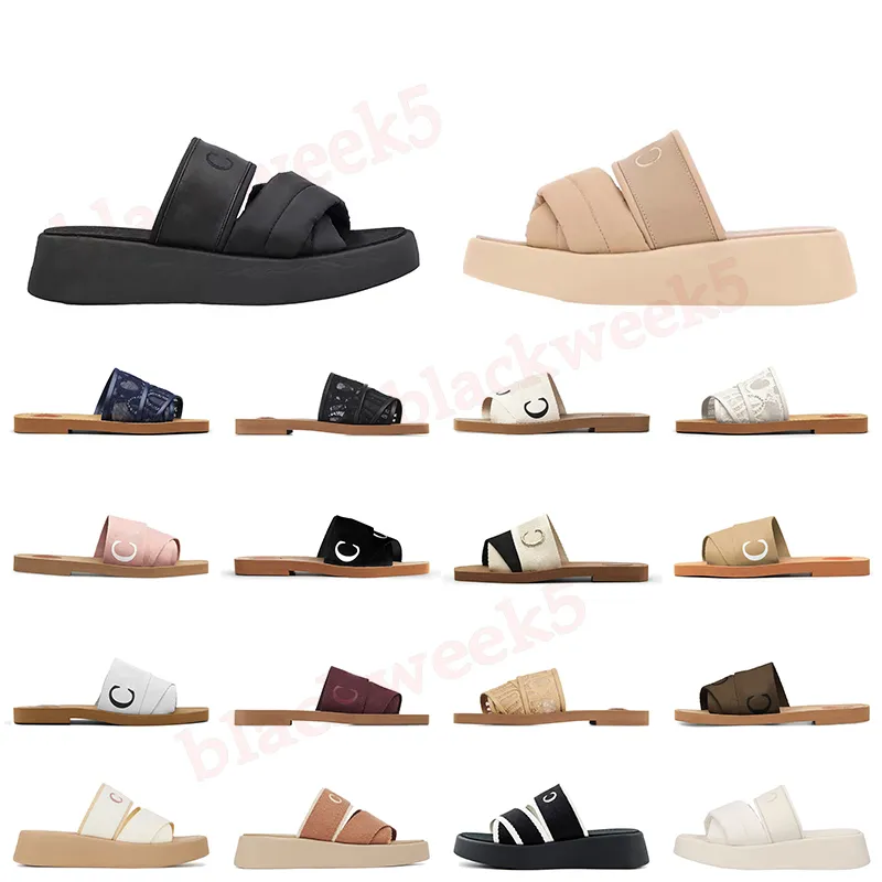 Mila Beige Black Woody Slippers Top Sandals Womens Mules Flat Slides Light White Black Pink Blue Lettering Canvas Slippers Womens Summer Outdoor Indoor Shoes Shoes