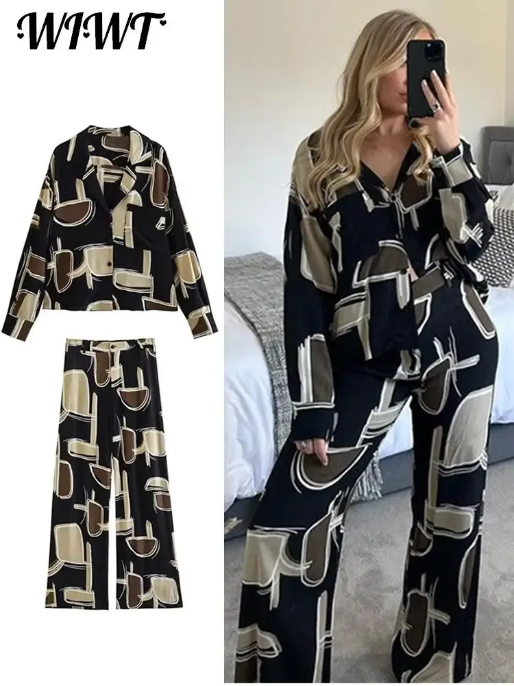 Suits Casual Printed Long Pants Set for Women 2023 Summer Fashion Y2K Chic Full Sleeve Shirt Wide Leg Pants Two Piece Suits Outfit