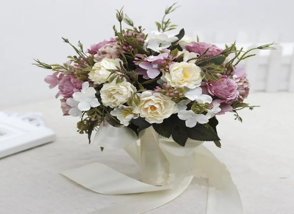ピンクフクシアブライダルブーケはアイボリーリボンを備えた結婚式の花最高品質の結婚式のアクセサリー2017新しい到着7344535