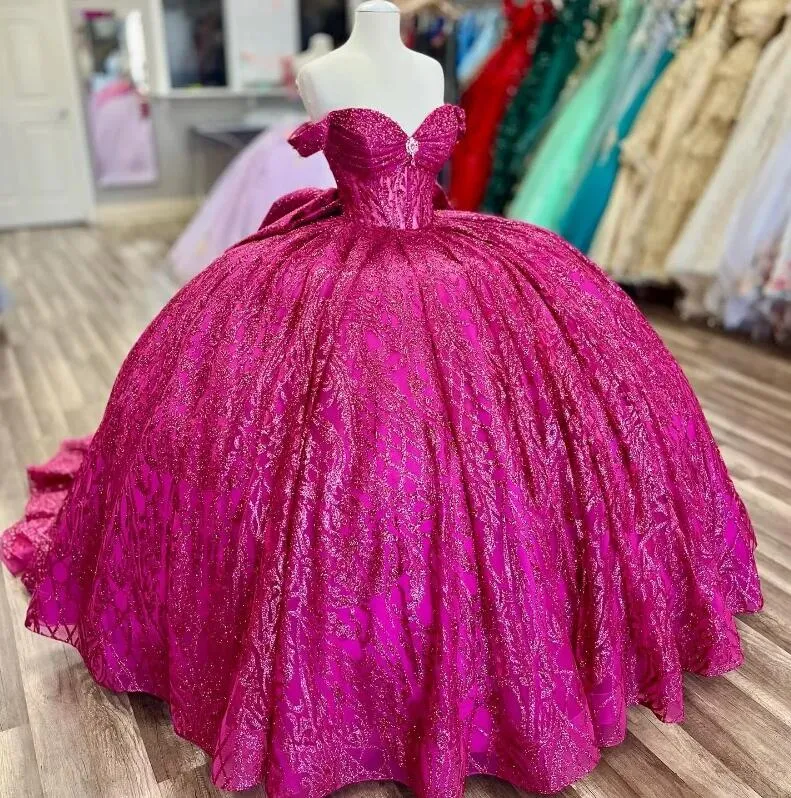 Fuchsia różowy brokat krystalicznie cekinowe sukienki quinceanera suknia balowa z ramion feading tull corset vestidos 15 de xv anos