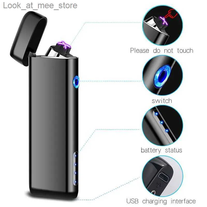 Isqueiros Mini Cross Double Arc USB Light Touch Sensor Portátil Ao Ar Livre À Prova de Vento Plasma Pulso Flameless Metal Light para Homens e Mulheres Presente Q240305