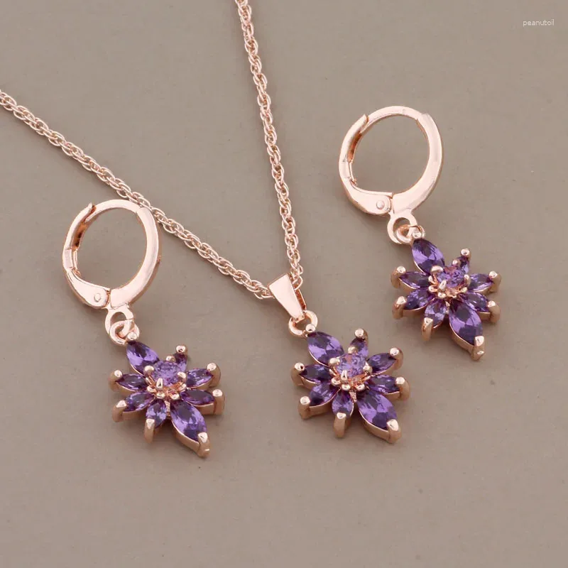 Necklace Earrings Set Luxury Jewelry Trend High Quality Purple Zircon 585 Rose Gold Color For Women Elegant Women's Sets