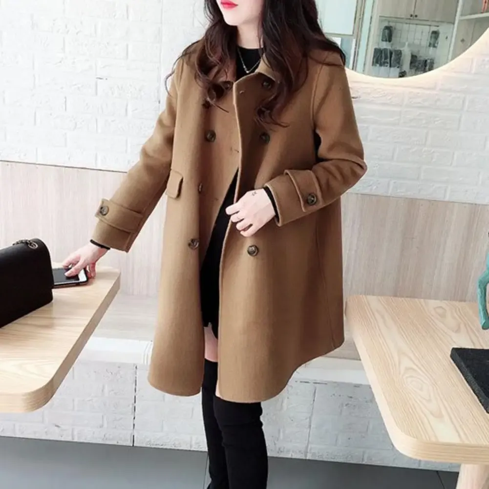 Jackor Lapel Lady Coat Stylish Vintage Woolen Trench Coat Varma midlängden Doublebrasted med fickor LAPEL -knappar för kvinnors