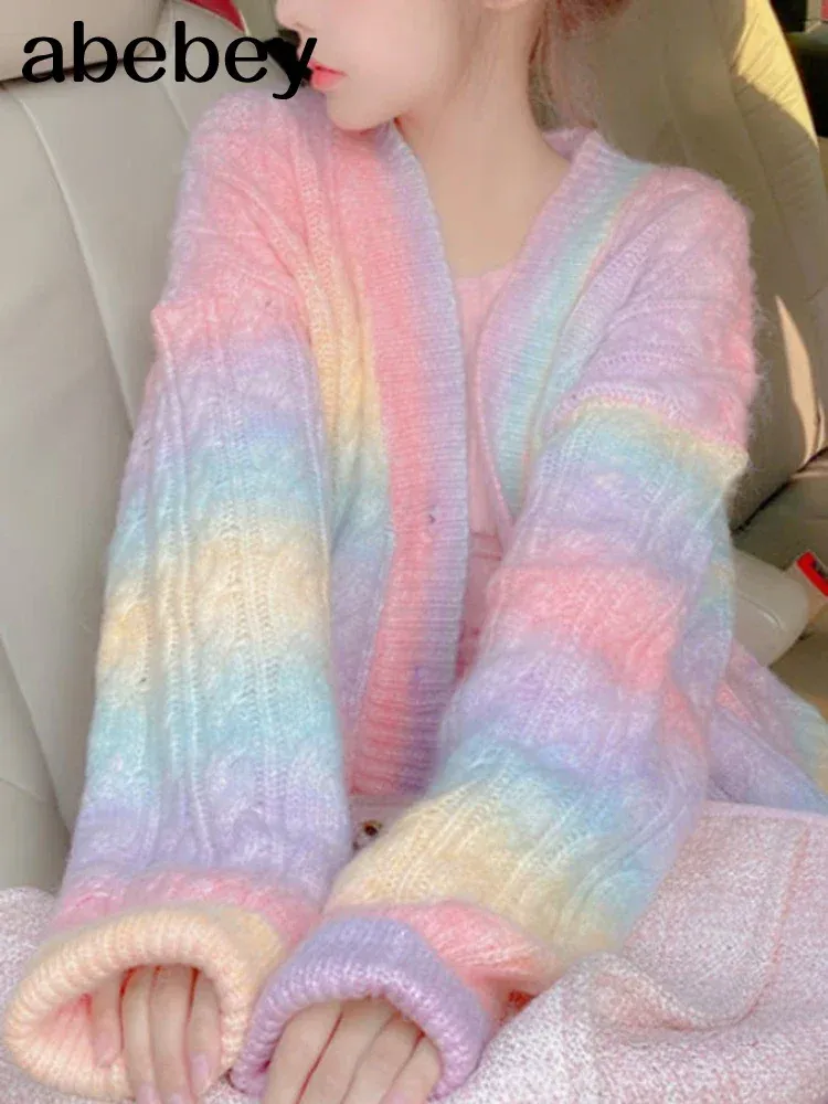 Strickjacken Regenbogen Gestrickte Strickjacke Frauen Herbst winter Süße Kawaii Pullover Mantel Weibliche Lange Koreanische Taste Unten Strickjacke Herbst 2023 Frauen