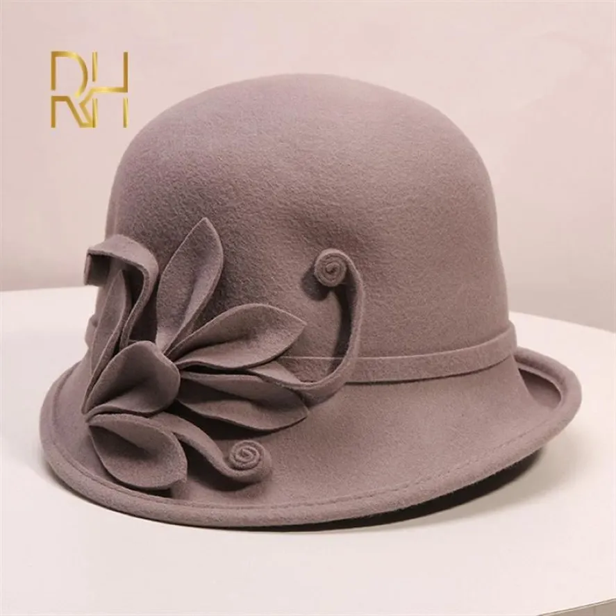 Chapeaux en feutre pour femmes, chapeau Fedora formel de fête d'automne et d'hiver, mode anglaise, Cloche à fleurs, casquette en laine irrégulière RH197Q