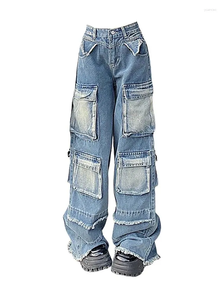 Women's Jeans Japanese Streetwear Fashion Blue Cargo Wide Pants Hiphop Straight Casual Trousers Multiple Pockets Baggy Grunge Clubwear